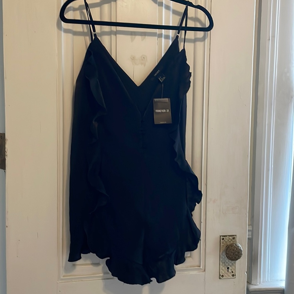 NWT Forever 21 Satin Black Ruffle Women’s Romper Size L